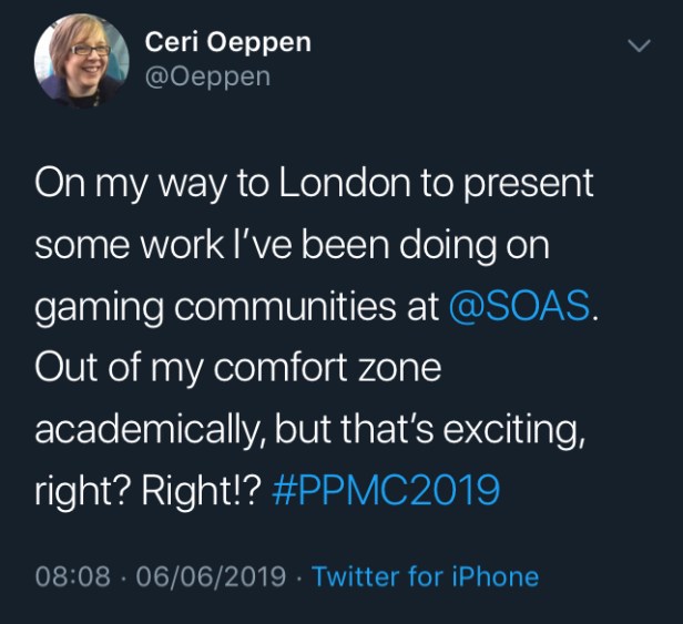 Ceri tweeting on way to conference